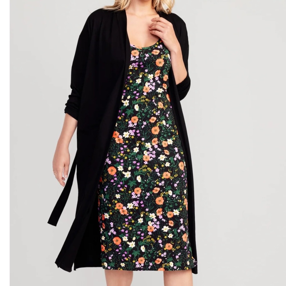 Maternity Sunday Sleep Robe & Nursing Nightgown Set in Black Multi Flower, small